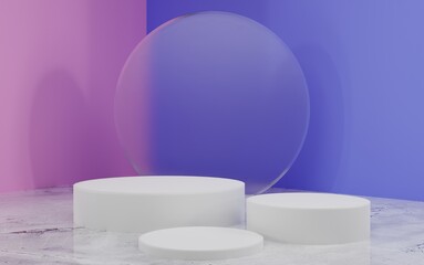 3d rendering studio with geometric shapes, podium on the floor. Platforms for product presentation, mock up background. Abstract composition in minimal design.