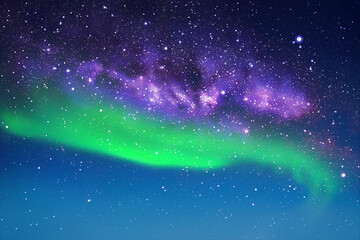 Night starry sky. Milky Way and Northern lights. Green aurora borealis