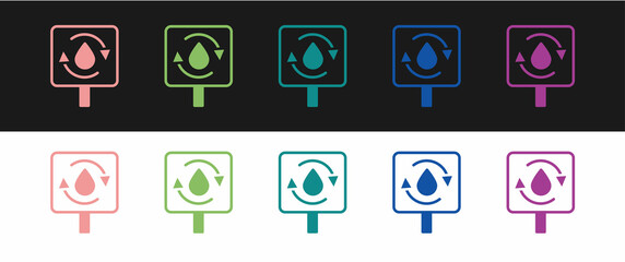 Set Recycle clean aqua icon isolated on black and white background. Drop of water with sign recycling. Vector