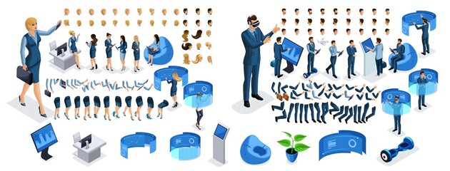 Isometric business lady and businessman with gadgets. Create your character, a set of emotions, gestures of hands, feet, hairstyles. Set 4