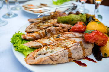 Meatloaf stuffed with mushrooms and picked cucumbers