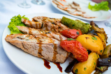 Meatloaf stuffed with mushrooms and picked cucumbers