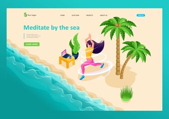 3D isometry, girl meditating on the beach, laptop with music for meditation, learn new asanas. High-quality illustration for advertising. Landing Page Concept