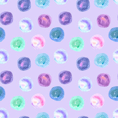 Seamless pattern of circles, watercolor stains, soap bubbles on a light purple background. Textile, wrapping paper.