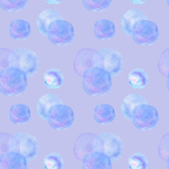 Obraz na płótnie Canvas Seamless pattern of circles, watercolor stains, soap bubbles on a light purple background. Wallpaper, wrapping paper.
