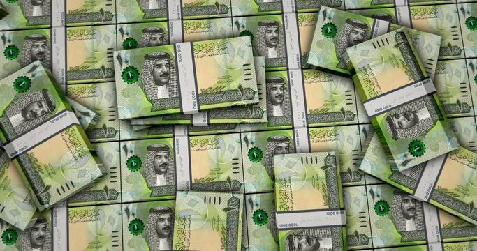 Bahrain Dinar banknotes 3d animation. Camera view from close to long distance. BHD money packs. Concept of inflation, economy, crisis, business, banking, debt and finance.