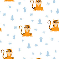 Childish seamless pattern with little tiger cub and snowflakes on white. Christmas vector background. Perfect for kids apparel, fabric, textile, nursery decoration, wrapping paper