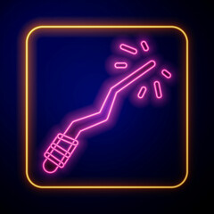 Glowing neon Magic wand icon isolated on black background. Star shape magic accessory. Magical power. Happy Halloween party. Vector