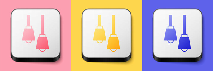 Isometric Lamp hanging icon isolated on pink, yellow and blue background. Ceiling lamp light bulb. Square button. Vector