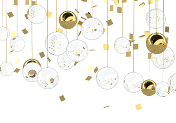Christmas decorations, balloons on an isolated white background. Glass balls, balls of gold, silver color hang from above. Golden confetti.