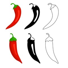 Closeup chilly peppers icons. Red hot chilli pepper, black and outline. Cartoon mexican chilli or chillies illustration. Mexican or asian cuisine signs isolated on white background.