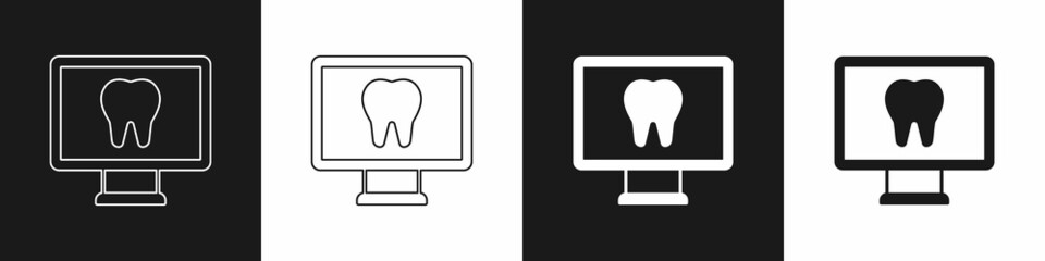 Set Online dental care icon isolated on black and white background. Dental service information call center. Vector