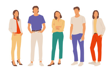 Fototapeta premium Set of young men and women, different colors, cartoon character, group of silhouettes of standing business people, students, the design concept of flat icon, isolated on white background