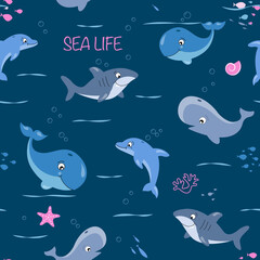 Childish isolated seamless pattern. Underwater ocean illustration. Scandinavian style. Texture for fabric, wrapping, textile, wallpaper, apparel.Kids textile pattern with cute fish.