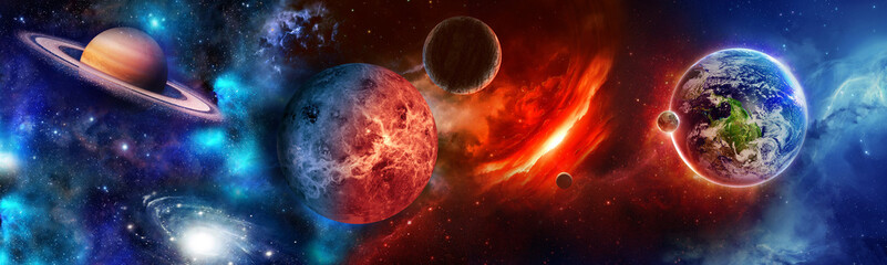 Space scene with planets, stars and galaxies. Panorama. Horizontal view. © urvana