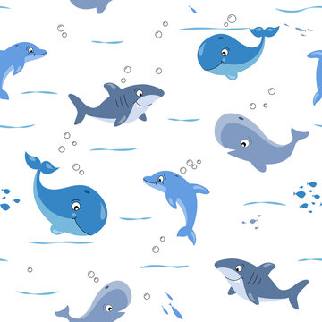 Childish isolated seamless pattern. Underwater ocean illustration. Scandinavian style. Texture for fabric, wrapping, textile, wallpaper, apparel.Kids textile pattern with cute fish.