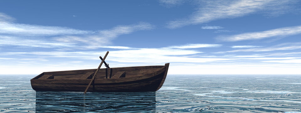Small wood boat on the water - 3D render