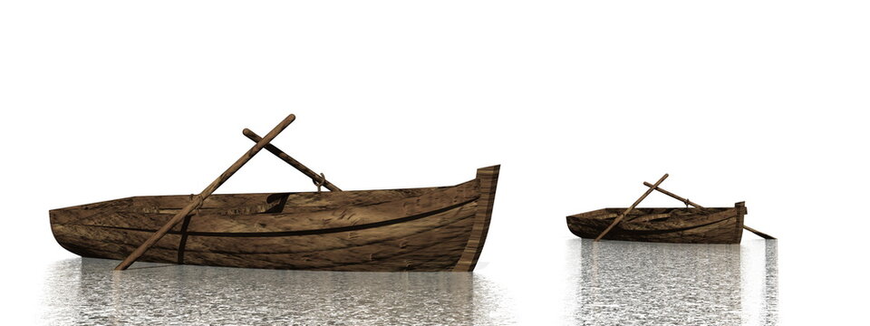 Two wood boats on the water - 3D render