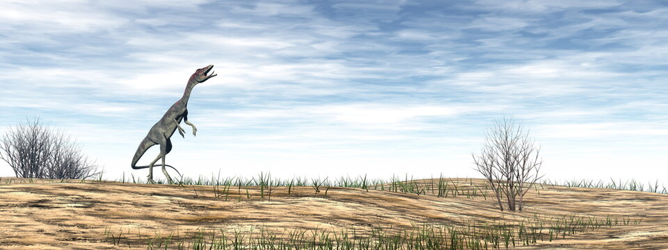 Compsognathus dinosaur in the desert - 3D render