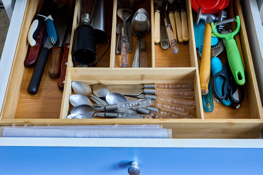 Insert Wooden Flatware Tray Drawer Organizer With Kitchen Silverware. Divider Utensil Storage Made Of Bamboo.