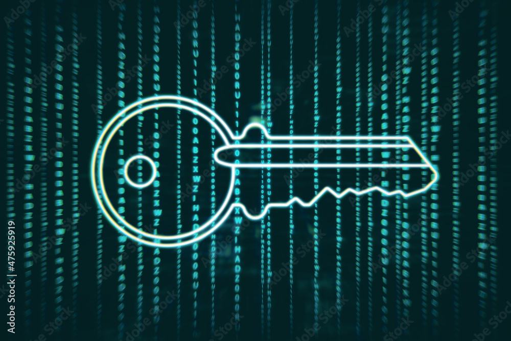 Poster Abstract digital key on dark coding language background. Technology and web access concept. 3D Rendering.
