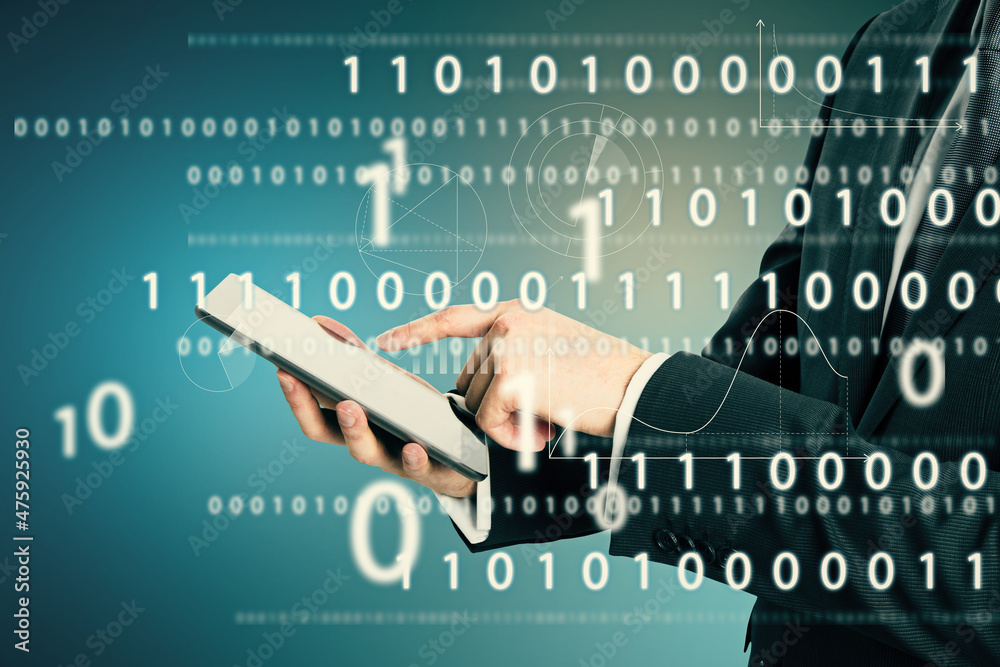 Aufkleber Close up of businessman hand pointing at pad abstract glowing interface with binary code and business chart. Information, technology and data concept. Double exposure.