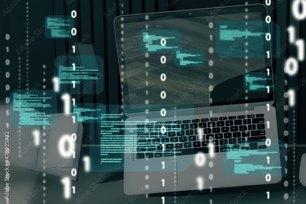 Leinwandbilder Close up of laptop computer with abstract coding binary code hologram. Artificial intelligence and development concept. Double exposure.