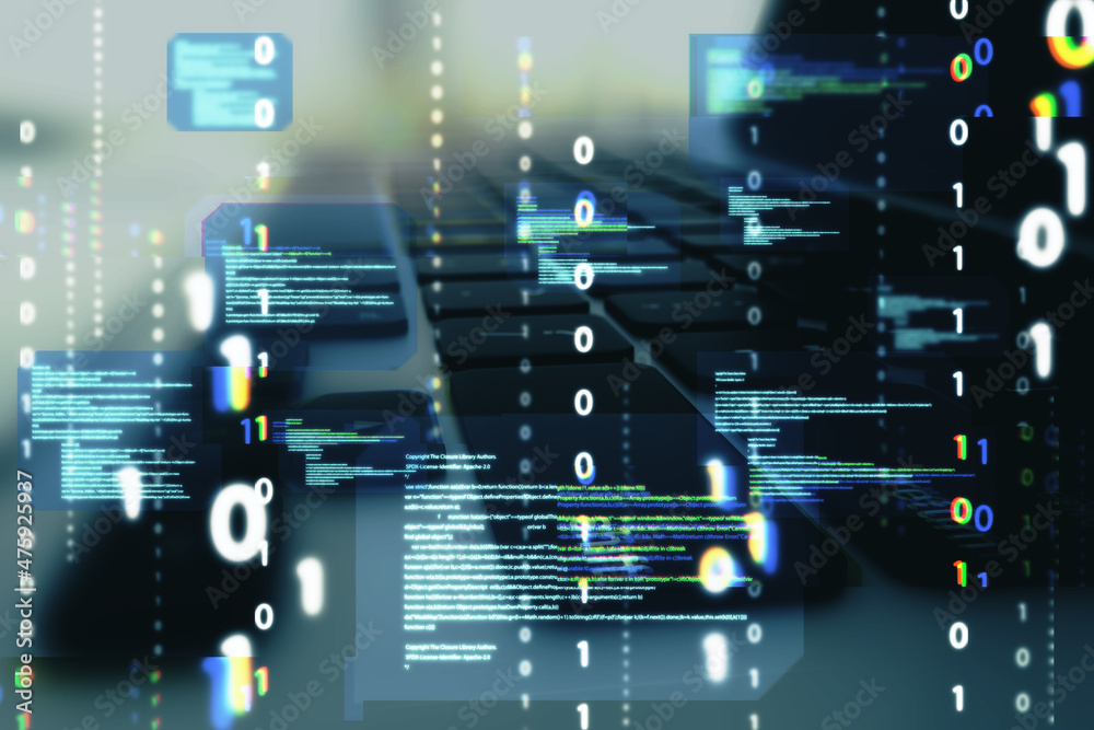 Leinwandbilder Close up of desktop with laptop and abstract coding binary code hologram on blurry background. Artificial intelligence and development concept. Double exposure.