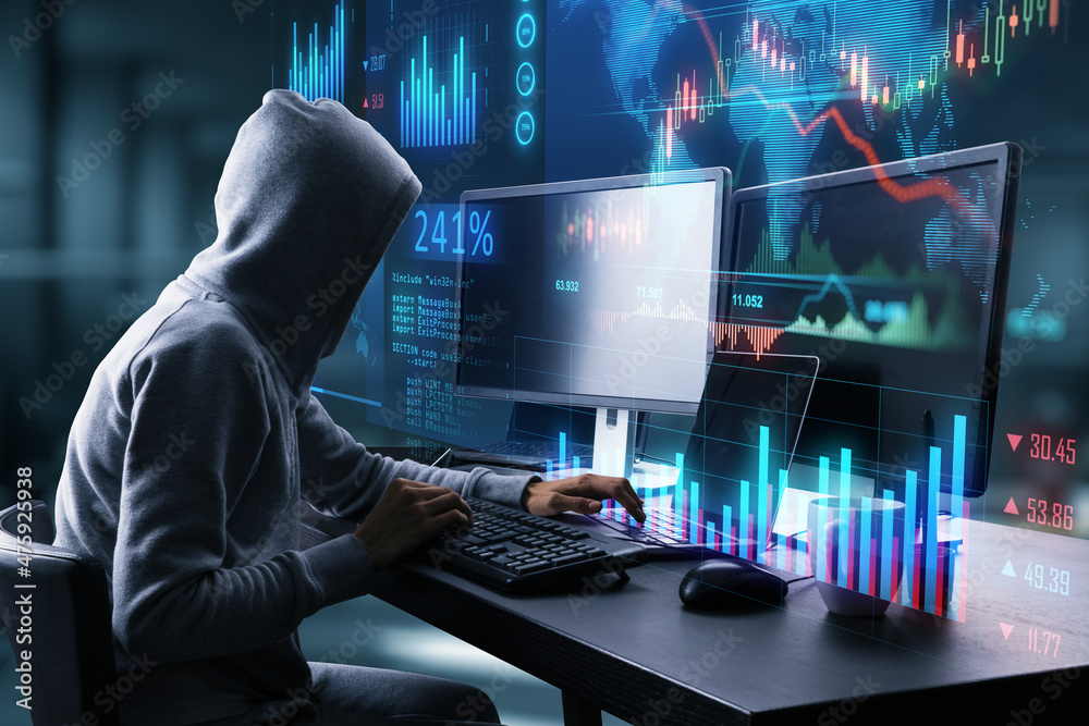 Aufkleber Hacker in hoodie using computers at desktop with glowing forex chart trading interface on blurry background. Market, hacking, malware, data theft, economy and data exchange concept. Double exposure.