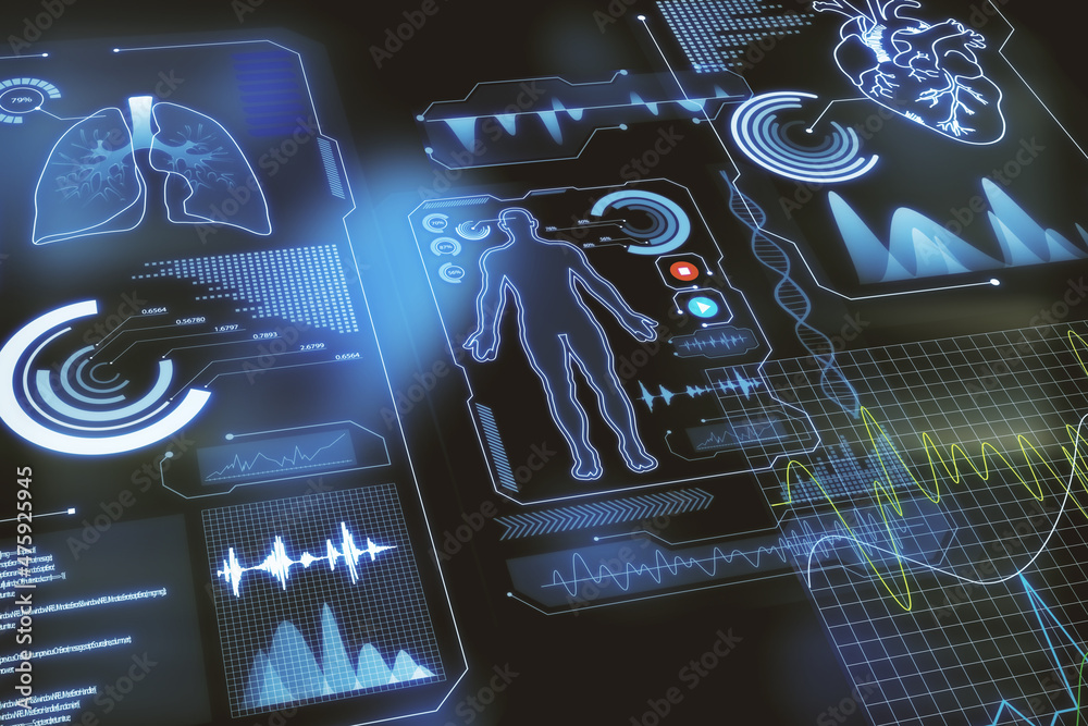 Poster abstract medical interface hologram on blurry dark background. medicine and communication concept. 3