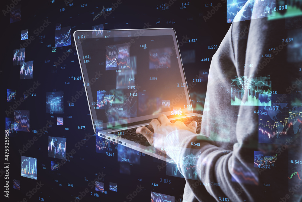 Poster Close up of hands using laptop computer with abstract glowing forex charts and graphs on dark background. Trade, finance, analysis and fintech concept. Double exposure.