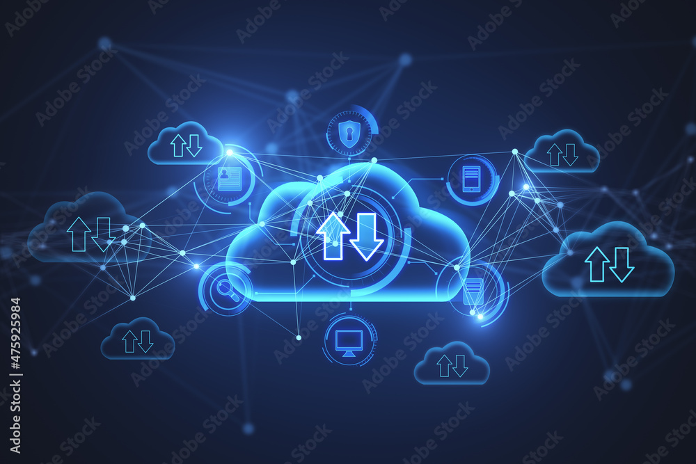 Leinwandbilder Abstract glowing blue cloud computing hologram with download/upload arrows on blurry background. Database, technology and future concept. 3D Rendering.