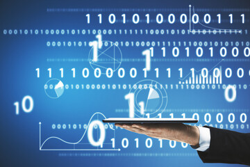 Close up of businessman hand holding tablet abstract glowing interface with binary code and business chart. Information, technology and data concept. Double exposure.