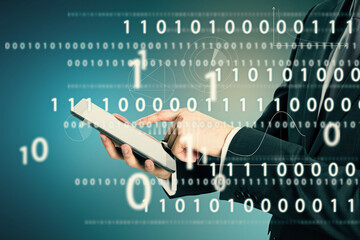 Close up of businessman hand pointing at pad abstract glowing interface with binary code and business chart. Information, technology and data concept. Double exposure.