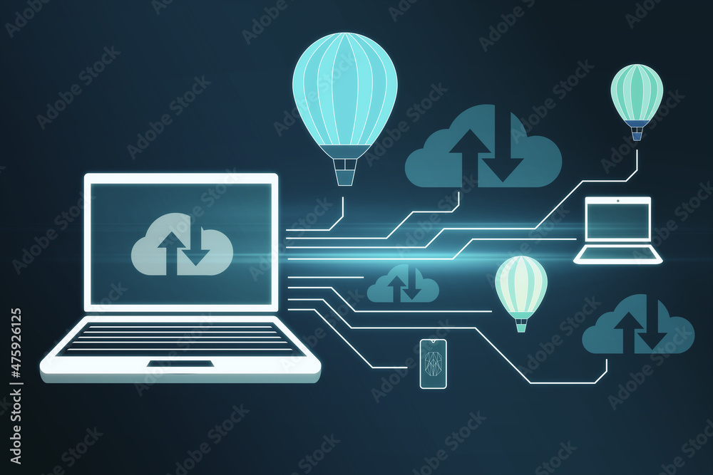 Aufkleber Abstract laptop with various icons and digital cloud computing interface on dark background. Database and technology concept. 3D Rendering.