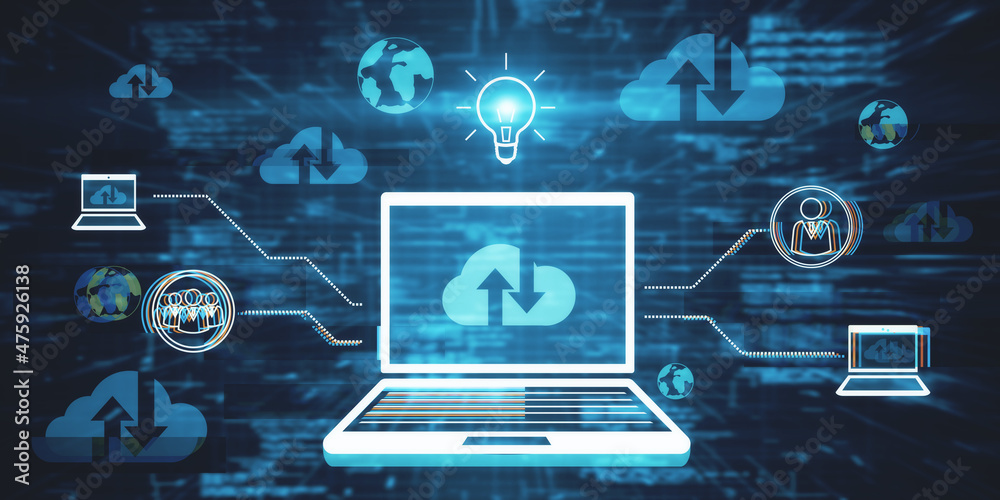 Leinwandbilder Creative abstract laptop with various icons and digital cloud computing interface on dark backdrop. Database and technology concept. 3D Rendering.