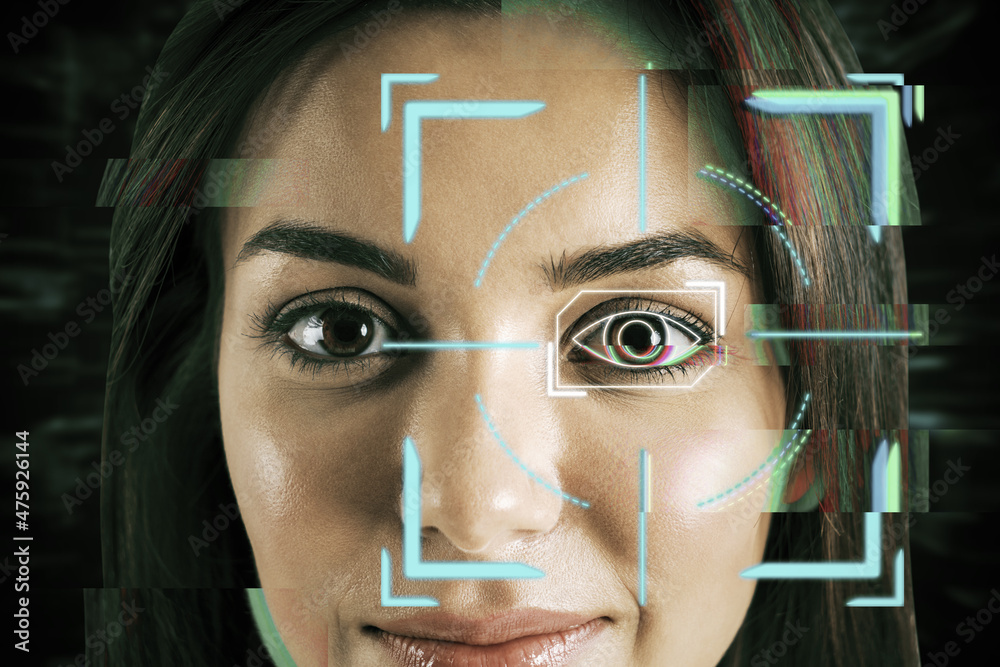 Aufkleber portrait of attractive woman with creative face recognition control hologram on dark background. tec