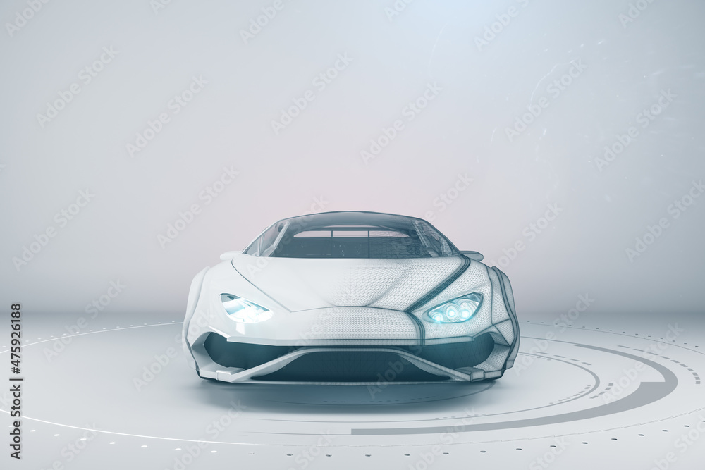 Poster creative wireframe sports car on white background with mock up place on wall. racing and design conc