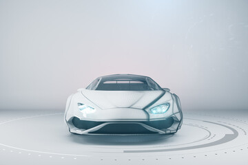Creative wireframe sports car on white background with mock up place on wall. Racing and design...