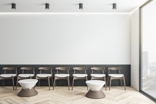Creative office reception interior with mock upp place, wooden flooring, panoramic city view and furniture. Design, waiting area and workplace concept. 3D Rendering.