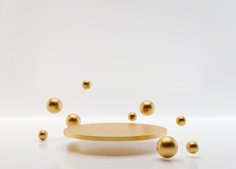 Golden flying podium with golden balls on the white background, simple geometric forms. 3D rendering. Podium for product, cosmetic presentation. Mock up. Pedestal or platform for beauty products.