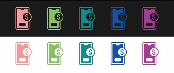 Set Smartphone with dollar symbol icon isolated on black and white background. Online shopping concept. Financial mobile phone icon. Online payment. Vector