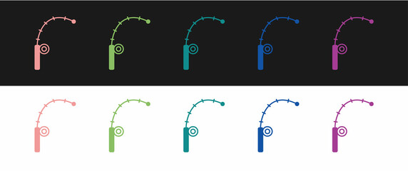 Set Fishing rod icon isolated on black and white background. Catch a big fish. Fishing equipment and fish farming topics. Vector