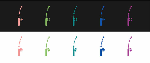 Set Fishing rod icon isolated on black and white background. Catch a big fish. Fishing equipment and fish farming topics. Vector