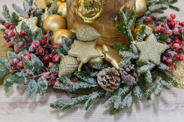 winter still life of cones, branches, berries and balls