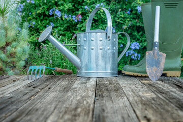 WATERING CAN, WELLIES, SHOVEL AND RAKE ON OLD WOODEN FLOOR. PLANTS AND FLOWERS IN THE BACKGROUND. GARDENING CONCEPT. © Rafa Jodar