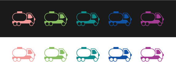 Set Tanker truck icon isolated on black and white background. Petroleum tanker, petrol truck, cistern, oil trailer. Vector