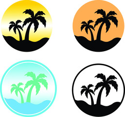 Fototapeta na wymiar Circular palm tree on a beach vector logo set , sticker, stamp, badges and labels without text for summer vacation and tourism.