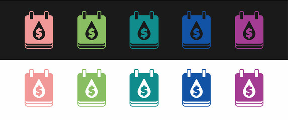 Set Oil drop with dollar symbol icon isolated on black and white background. Oil price. Oil and petroleum industry. Vector