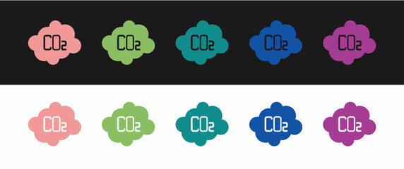 Set CO2 emissions in cloud icon isolated on black and white background. Carbon dioxide formula, smog pollution concept, environment concept. Vector